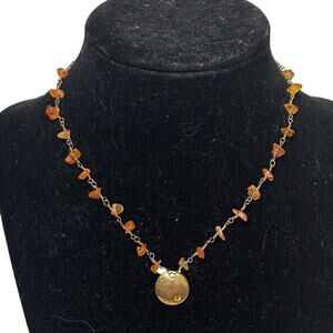 Orange Brown Chip Bead Necklace Gold Tone Pendant Choker 13.5” Boho